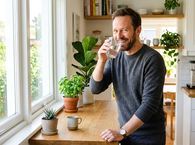 Dimineață luminoasă cu ceașcă de apă caldă și lumină naturală