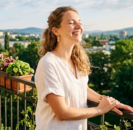 Persoană care face stretching lângă fereastra deschisă cu lumina dimineții